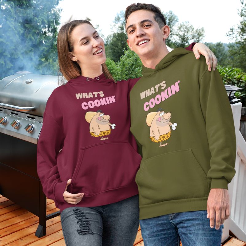 Couple wearing What's Cookin' Funny Unisex Pocket Hoodie Sweatshirt Pullover matching together - Da Boss Mango AU -